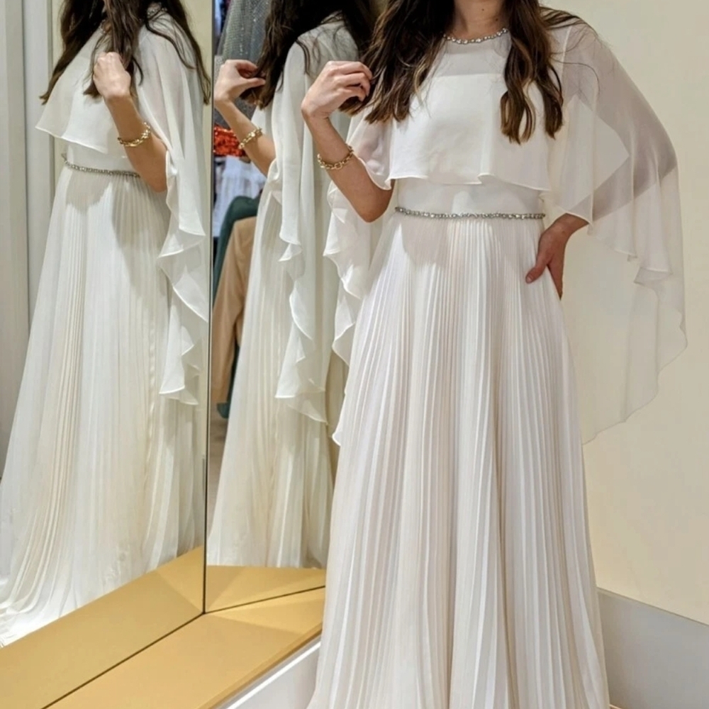 Jenny Packham Bloom Cape Ivory Chiffon Gown Rhinestone Embellished Pleated Dress - Picture 13 of 17